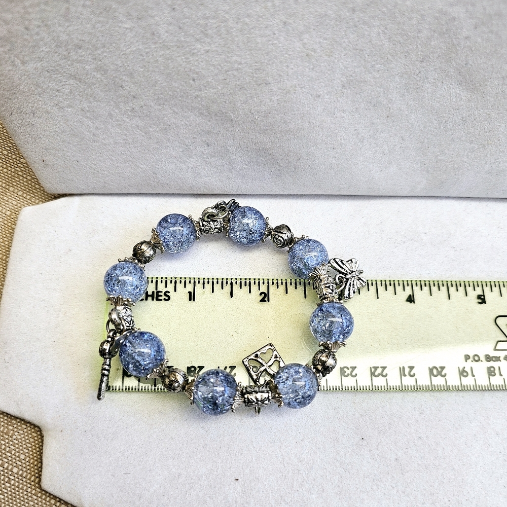 SET Blue Bead Silvertone Necklace with Blue Crackle Glass Stretch Bracelet - Picture 14 of 16